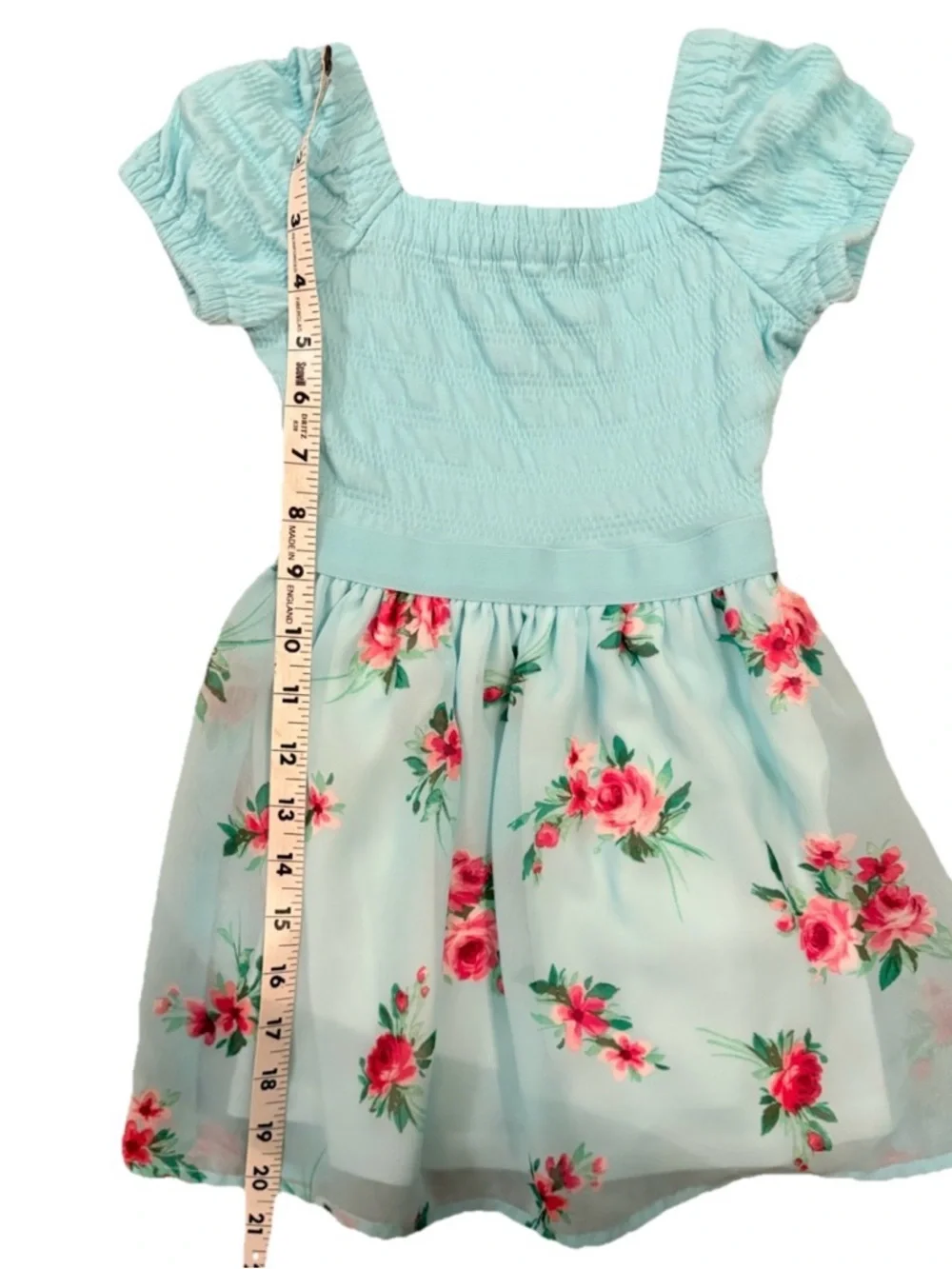 Children’s Place Aqua Pink Floral Dress Crinkle Top Elastic Girls Size 4 XS